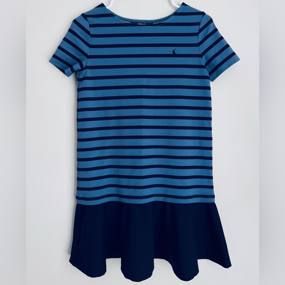 Polo Ralph Lauren Girl Blue Stripe print Ponte Dress summer short sleeve L 12-14 - Picture 1 of 5